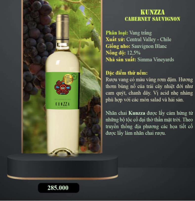 Rượu vang trắng Kunzza Sauvignon Blanc hồ chí minh